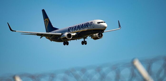 Ryanair aircraft approaching an airport