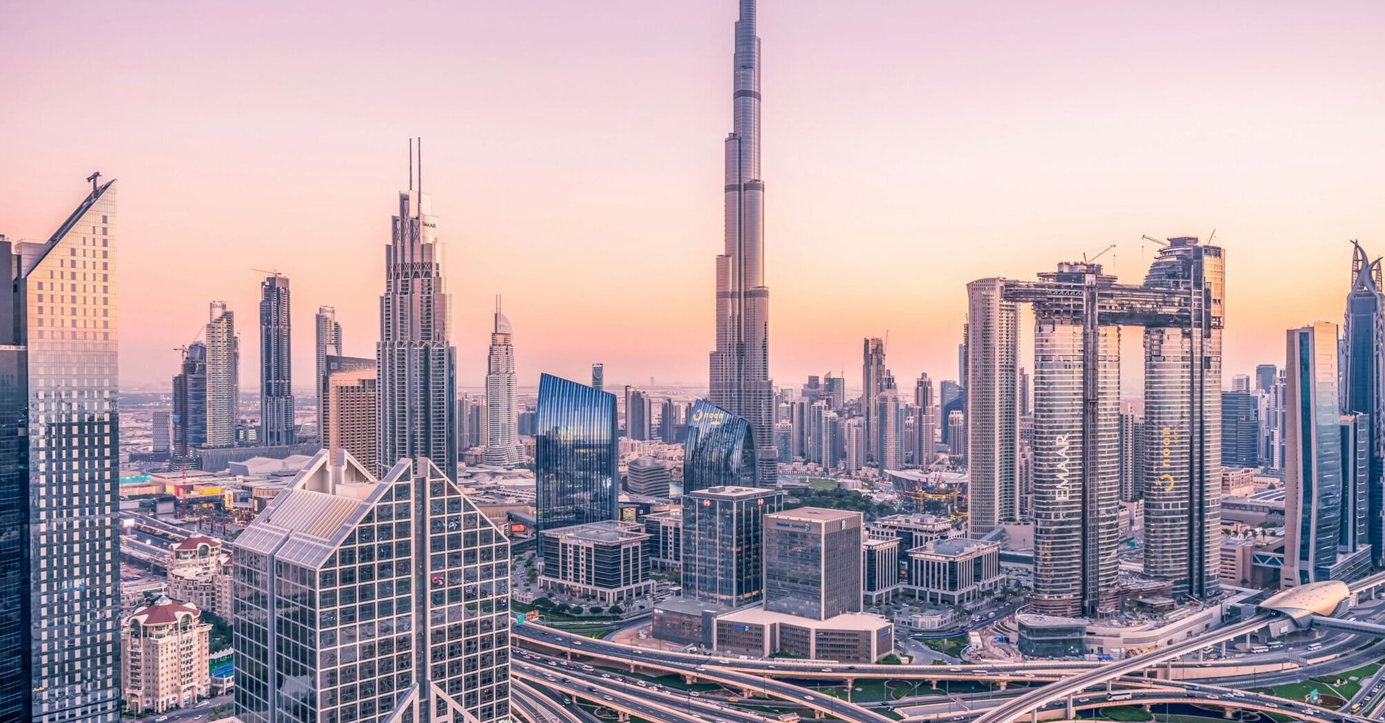 Dubai skyline with Burj Khalifa at sunset