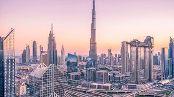 Dubai skyline with Burj Khalifa at sunset