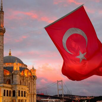 Turkish flag beside a mosque in Istanbul