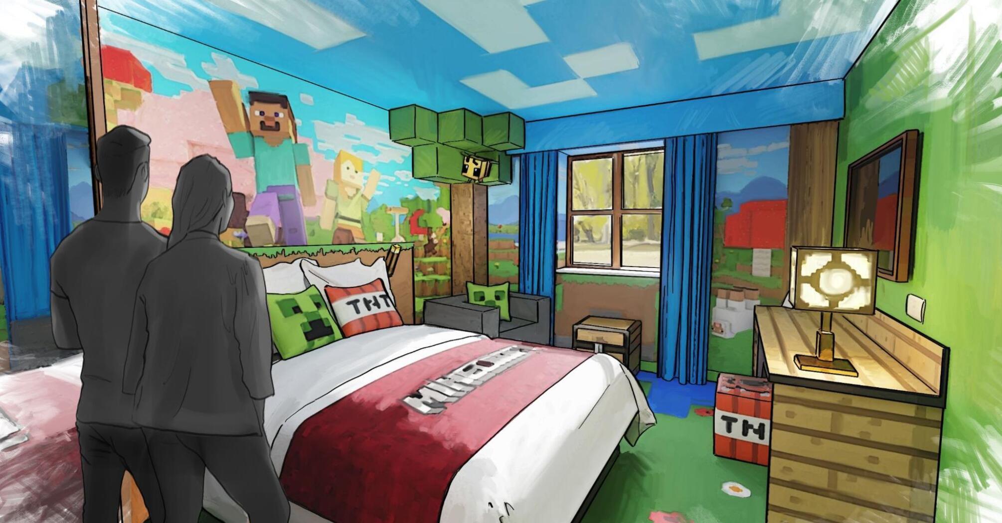 Minecraft-themed hotel bedroom concept