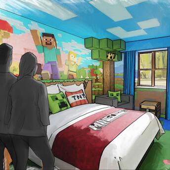 Minecraft-themed hotel bedroom concept