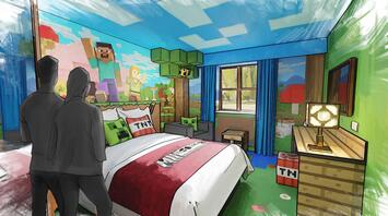 Minecraft-themed hotel bedroom concept