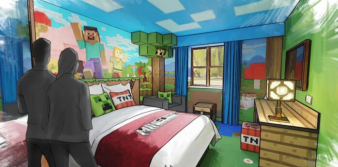Minecraft-themed hotel bedroom concept