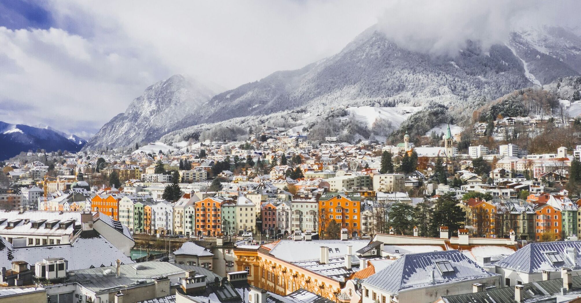 Snow-covered Innsbruck beneath the Austrian Alps