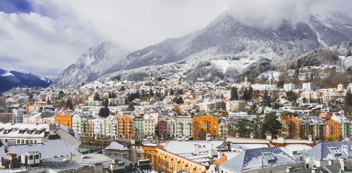 Snow-covered Innsbruck beneath the Austrian Alps