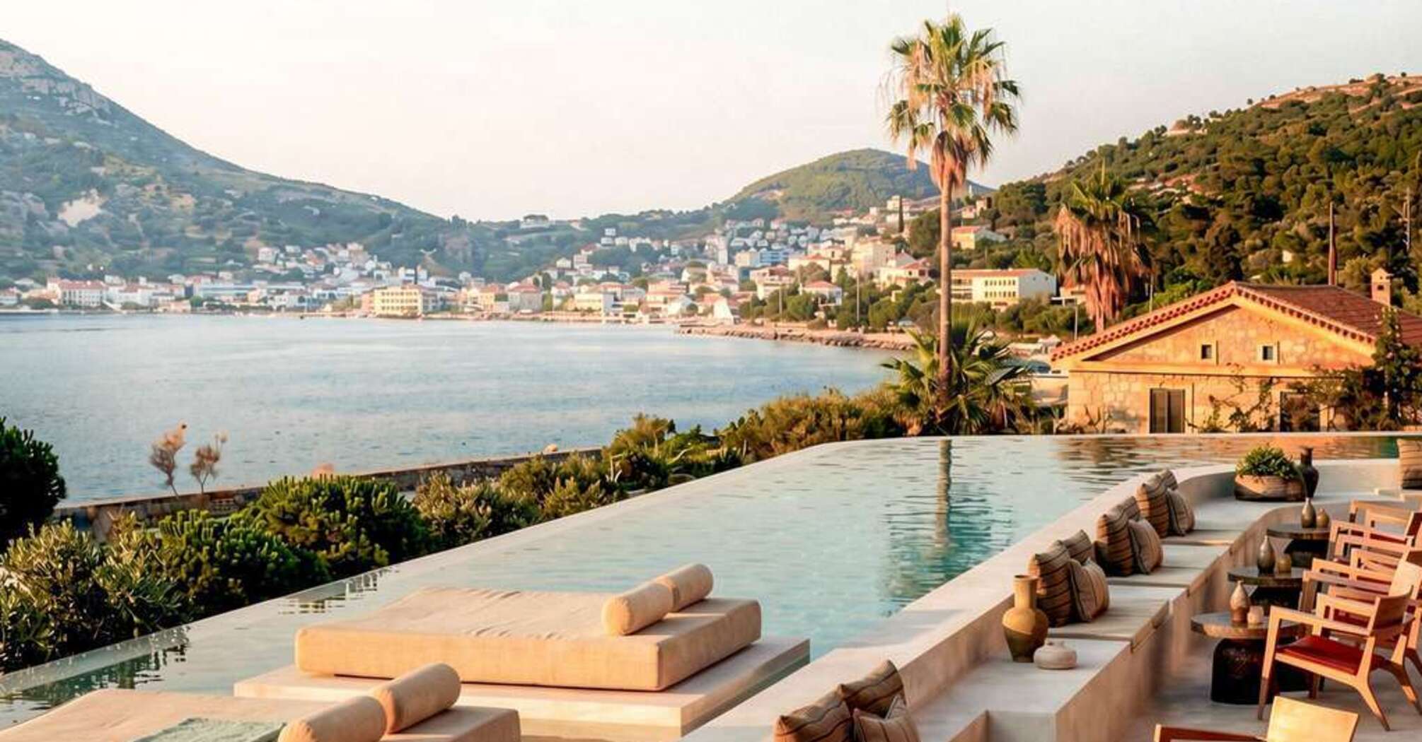 Infinity pool overlooking Vathy Bay