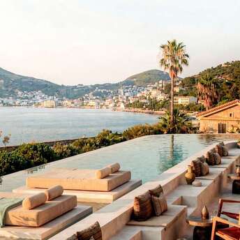 Infinity pool overlooking Vathy Bay