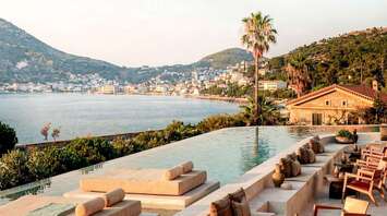 Infinity pool overlooking Vathy Bay
