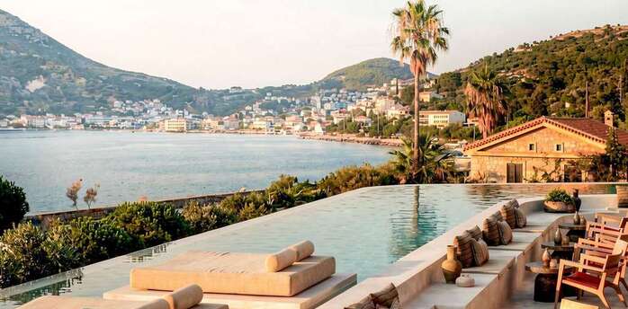 Infinity pool overlooking Vathy Bay