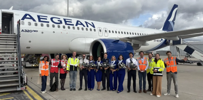 AEGEAN Airbus A320neo and crew at Rotterdam Airport